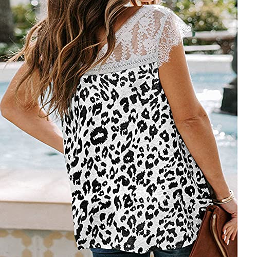 wodceeke Women's Leopard Print Tank Tops Lace Deep VT Shirt Summer Casual Loose Vest Tops Blouse (White, S)