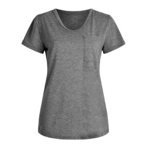 wodceeke Short Sleeve V-neck Plain T-shirt For Women Casual Loose Basic Tee Summer Sports Blouse Tops (Gray, XL)
