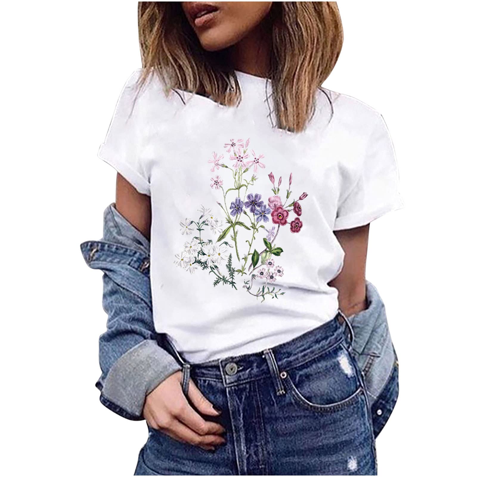 wodceeke Women's Floral Print Short-Sleeved T-Shirt Solid Color Round Neck Basic Tee Summer Casual Loose Blouse Tops (White A, L)