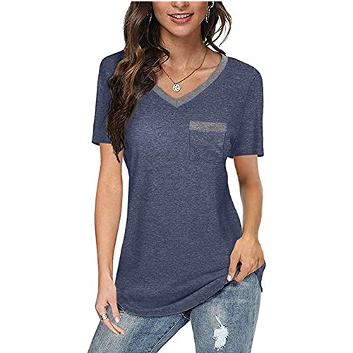 wodceeke Women's Short-Sleeved V-Neck Plain T-Shirt Casual Loose Basic Tee Summer All-Match Blouse Top (Blue, S)