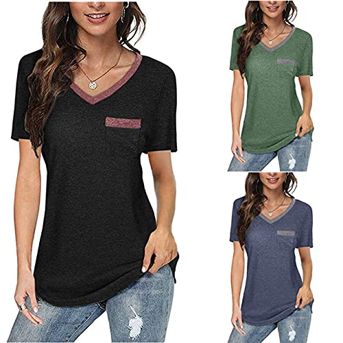 wodceeke Women's Short-Sleeved V-Neck Plain T-Shirt Casual Loose Basic Tee Summer All-Match Blouse Top (Blue, S)