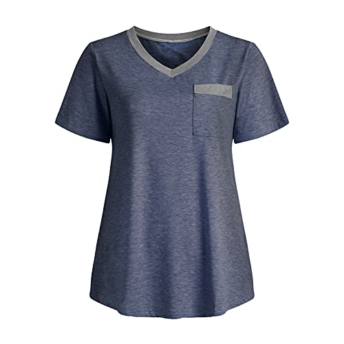 wodceeke Women's Short-Sleeved V-Neck Plain T-Shirt Casual Loose Basic Tee Summer All-Match Blouse Top (Blue, S)