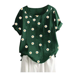 wodceeke women's daisy printed cotton and linen t-shirt short sleeve round neck button tee casual loose tops (green, xxxl)