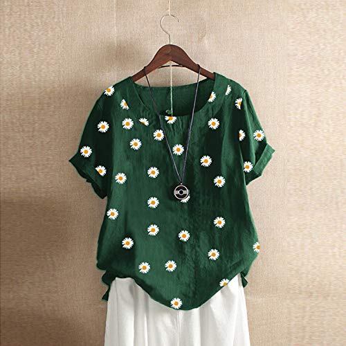 wodceeke Women's Daisy Printed Cotton and Linen T-shirt Short Sleeve Round Neck Button Tee Casual Loose Tops (Green, XXXL)