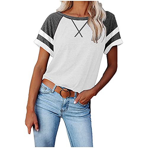 wodceeke Short-Sleeved V-Neck T-Shirt For Women Casual Loose splicing Tee Summer All-Match Basic Blouse Tops (White, XXL)