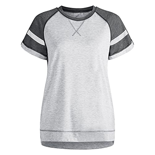 wodceeke Short-Sleeved V-Neck T-Shirt For Women Casual Loose splicing Tee Summer All-Match Basic Blouse Tops (White, XXL)