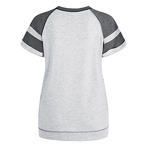 wodceeke Short-Sleeved V-Neck T-Shirt For Women Casual Loose splicing Tee Summer All-Match Basic Blouse Tops (White, XXL)