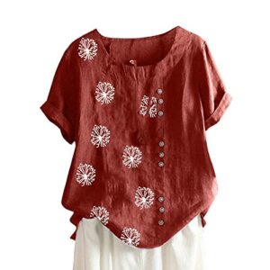 wodceeke women's dandelion printed cotton and linen t-shirt short sleeve round neck button tee casual loose top (wine, l)