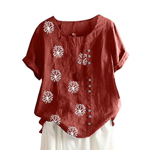 wodceeke Women's Dandelion Printed Cotton and Linen T-shirt Short Sleeve Round Neck Button Tee Casual Loose Top (Wine, L)