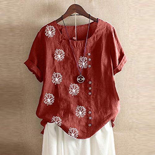 wodceeke Women's Dandelion Printed Cotton and Linen T-shirt Short Sleeve Round Neck Button Tee Casual Loose Top (Wine, L)