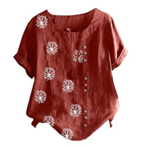 wodceeke Women's Dandelion Printed Cotton and Linen T-shirt Short Sleeve Round Neck Button Tee Casual Loose Top (Wine, L)