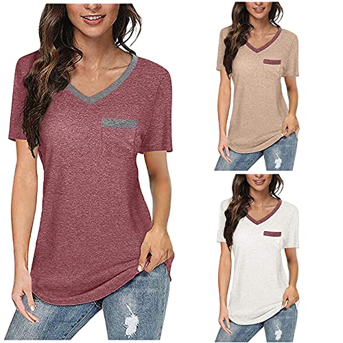 wodceeke Short-Sleeved V-Neck Plain T-Shirt For Women Casual Loose Basic Tee Summer All-Match Blouse Tops (Red, XXL)