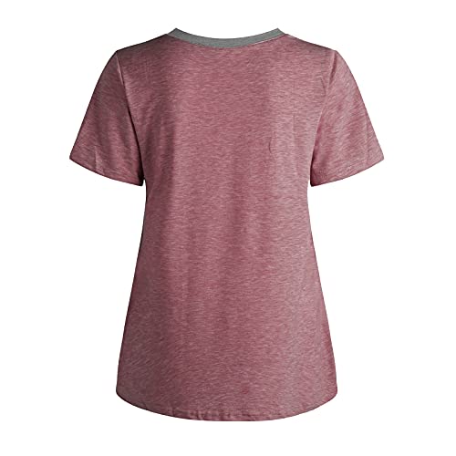 wodceeke Short-Sleeved V-Neck Plain T-Shirt For Women Casual Loose Basic Tee Summer All-Match Blouse Tops (Red, XXL)