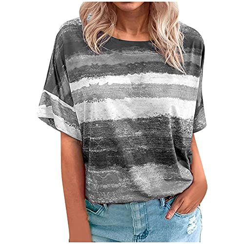 wodceeke Women's Striped Stitching T-Shirt Short-Sleeved Round Neck Tie-Dye Tee Casual Loose Top (Gray, XL)