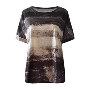 wodceeke Women's Striped Stitching T-Shirt Short-Sleeved Round Neck Tie-Dye Tee Casual Loose Top (Gray, XL)