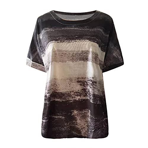 wodceeke Women's Striped Stitching T-Shirt Short-Sleeved Round Neck Tie-Dye Tee Casual Loose Top (Gray, XL)