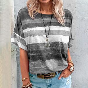 wodceeke Women's Striped Stitching T-Shirt Short-Sleeved Round Neck Tie-Dye Tee Casual Loose Top (Gray, XL)
