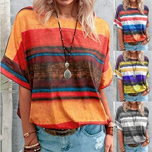 wodceeke Women's Striped Stitching T-Shirt Short-Sleeved Round Neck Tie-Dye Tee Casual Loose Top (Gray, XL)
