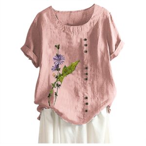 wodceeke women's flowers printed cotton and linen t-shirt short sleeve round neck button tee casual loose tops (pink, xl)