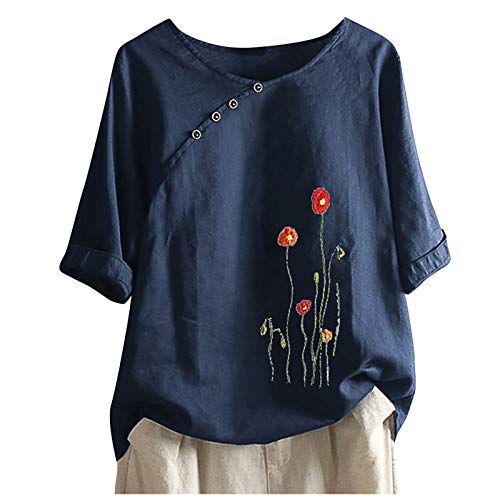 wodceeke Women's Dandelion Printed Cotton and Linen T-shirt Short Sleeve Round Neck Button Tee Casual Loose Blouse Tops (Navy, XXL)