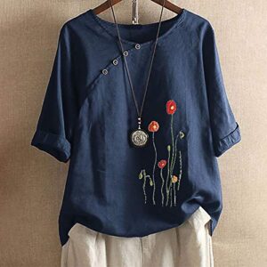 wodceeke Women's Dandelion Printed Cotton and Linen T-shirt Short Sleeve Round Neck Button Tee Casual Loose Blouse Tops (Navy, XXL)