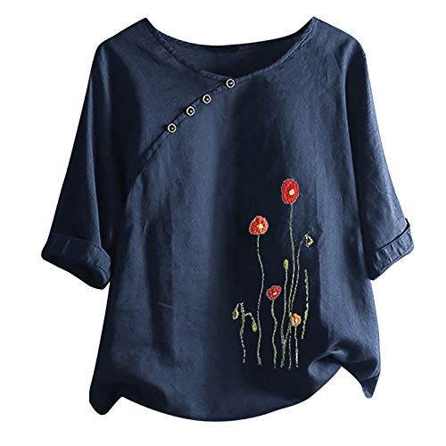 wodceeke Women's Dandelion Printed Cotton and Linen T-shirt Short Sleeve Round Neck Button Tee Casual Loose Blouse Tops (Navy, XXL)