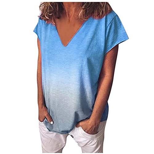 wodceeke Women's Sexy V-neck T-shirt Tie Dye Short Sleeve Basic Tee Casual Loose Summer Blouse Tops (Blue, XL)