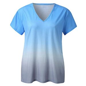 wodceeke Women's Sexy V-neck T-shirt Tie Dye Short Sleeve Basic Tee Casual Loose Summer Blouse Tops (Blue, XL)