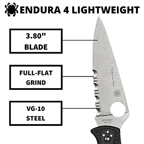 Spyderco Endura 4 Lightweight Knife with Flat Ground Steel Blade and Tunnel to Towers Black FRN Handle - CombinationEdge - C10FPSBKBL