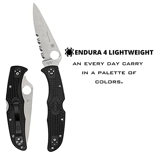 Spyderco Endura 4 Lightweight Knife with Flat Ground Steel Blade and Tunnel to Towers Black FRN Handle - CombinationEdge - C10FPSBKBL