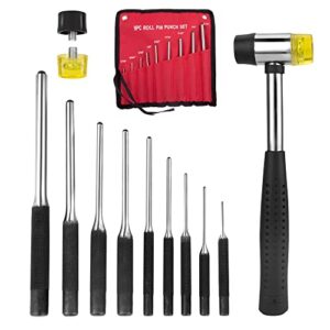 roll pin punch set with storage pouch and hammer, 9 piece steel removal tool kit for jewelry, watches, rifle pins and craft