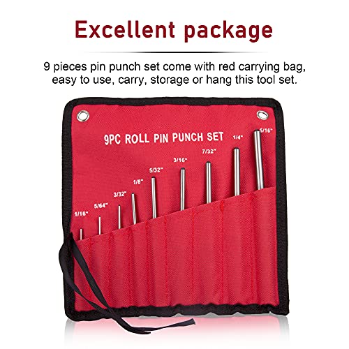 Roll Pin Punch Set with Storage Pouch and Hammer, 9 Piece Steel Removal Tool Kit for Jewelry, Watches, Rifle Pins and Craft