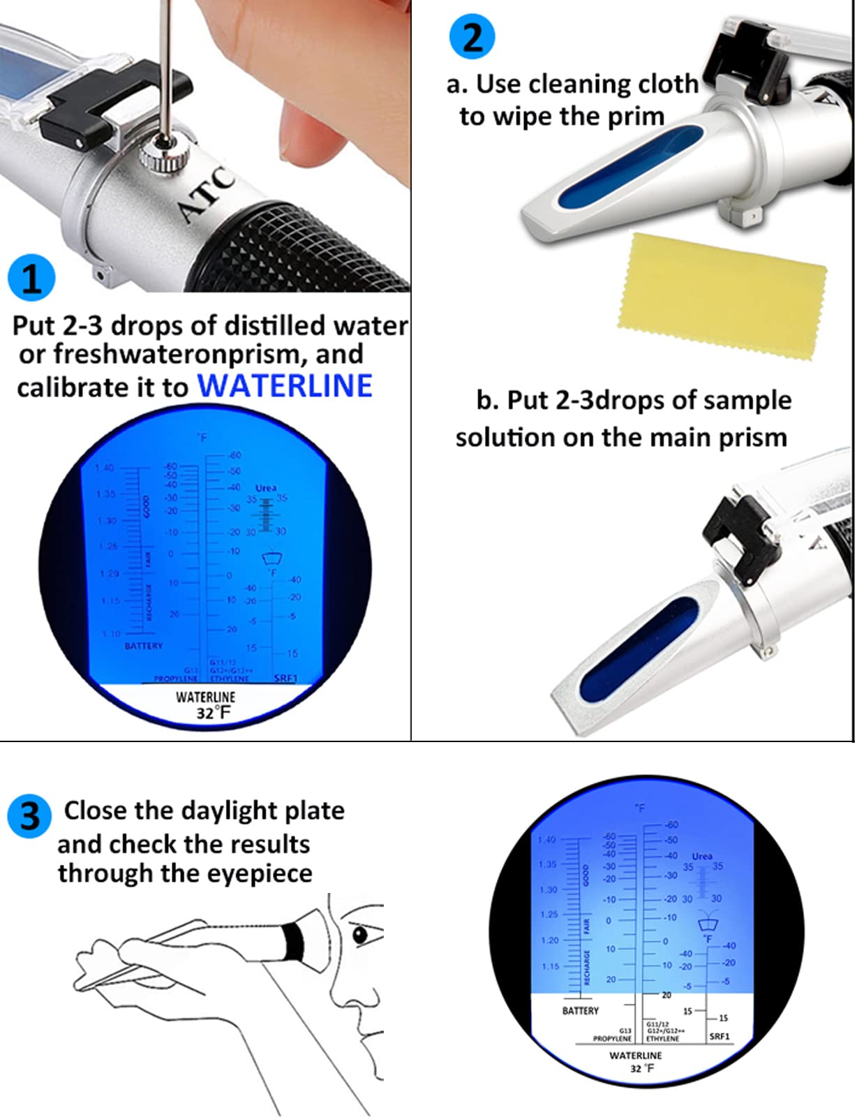 Antifreeze Refractometer in Fahrenheit Coolant Refractometer 4 in 1 Antifreeze Tester for Checking Freezing Point of Automobile Antifreeze System, Battery Fluid, Glycol, Coolant