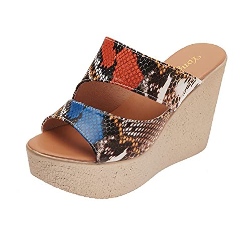 Snake Print Espadrilles Sandals for Women, Platform Wedges Sandals Platform Casual Summer Heels Open Toe Sandals (Brown, 37)