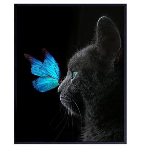 cat wall decor - butterfly wall decor - blue butterfly - black cat - cat gifts for women - cute cat poster - cat posters for girls bedroom - cat lover gifts - cat wall art - butterfly wall art