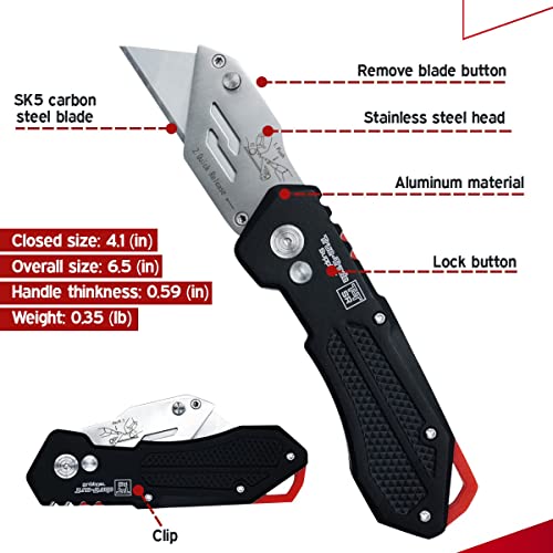 Folding Utility Knife Heavy Duty with Knife Maintenance Tool Holster Nylon Pouch Belt Clip Stainless Steel Box Cutter Knife Carry Case Utility Knife & Clip Roofing Knife One Year Manufacturer Warranty