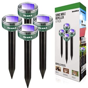 BANNA Solar Sonic Mole Repellent Groundhog Repeller Snake Repellent Gopher Deterrent Vole Chaser Spikes Traps Rodents No Killing - Protect Your Lawn and Garden of Outdoor (4 pcs Round)