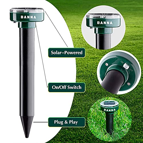 BANNA Solar Sonic Mole Repellent Groundhog Repeller Snake Repellent Gopher Deterrent Vole Chaser Spikes Traps Rodents No Killing - Protect Your Lawn and Garden of Outdoor (4 pcs Round)