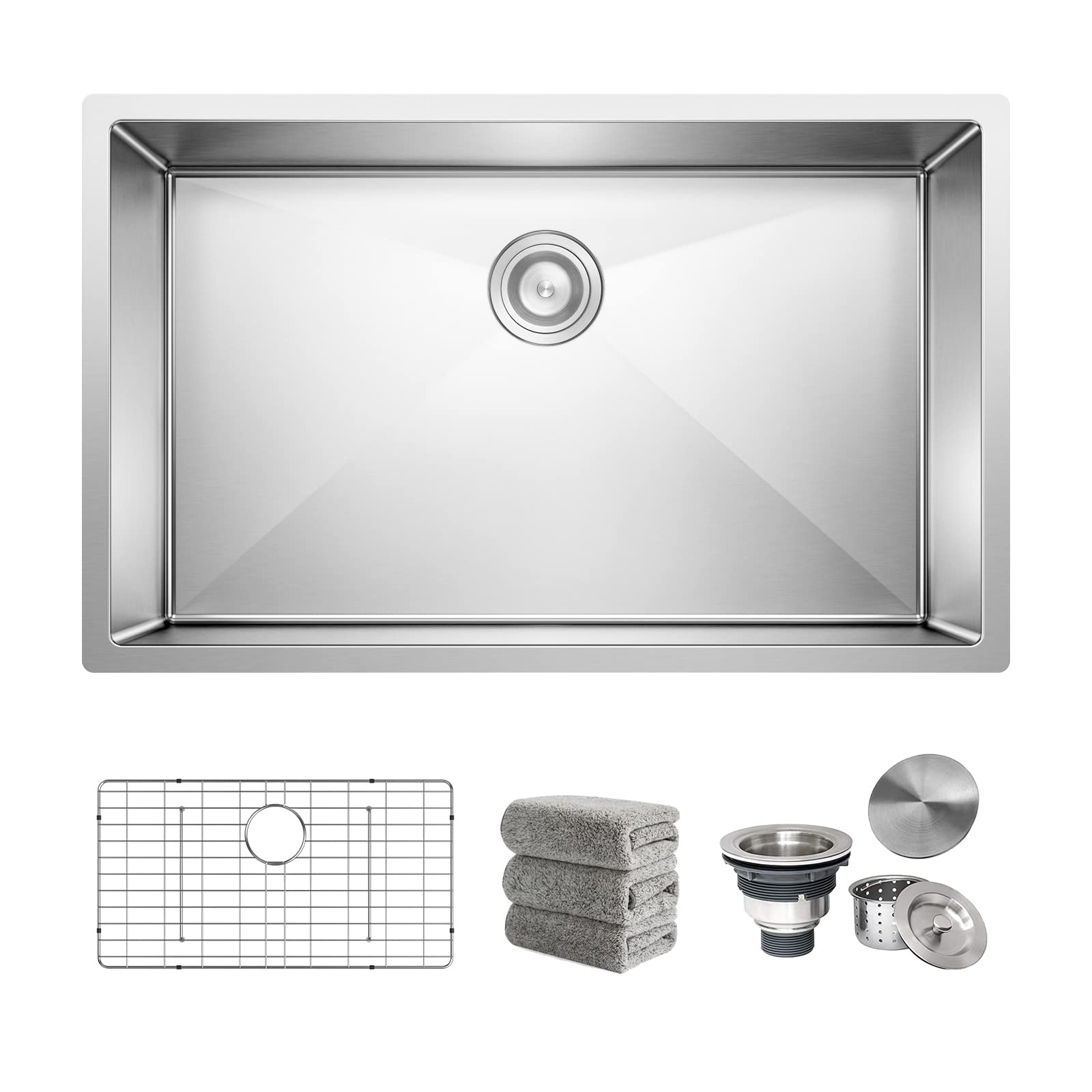 kitchen Sinks 30x18 inch Undermount kitchen sink stainless steel sink 16 Gauge Single Bowl kitchen sinks Set (5 Item Bundle: Sink, Bottom Grid, Drain Assembly, Drain Cap, Kitchen Towel)