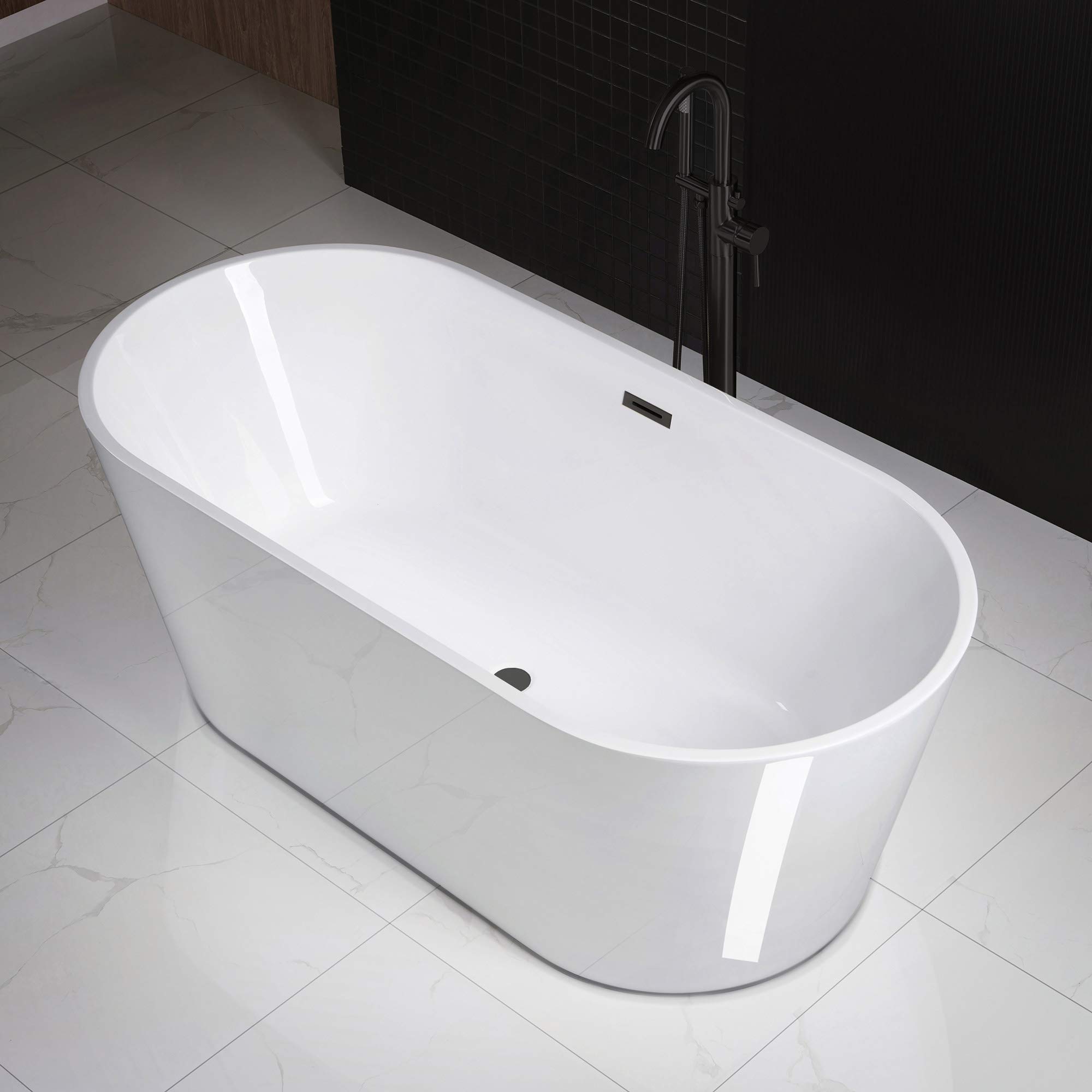 WOODBRIDGE 67" Acrylic Freestanding Bathtub Contemporary Soaking White Tub with Matte Black Overflow and Drain，B0013-MB