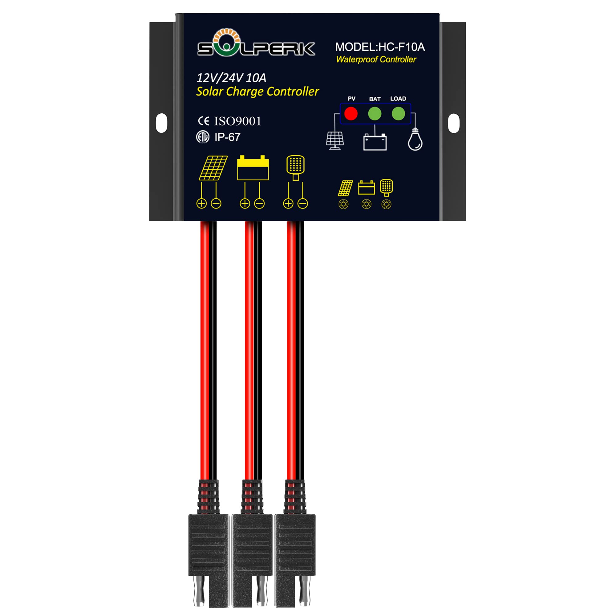 SOLPERK 10A Solar Charge Controller Waterproof Solar Panel Controller 12V/24V PWM Solar Panel Battery Intelligent Regulator for RV Boat car ，with LED Display