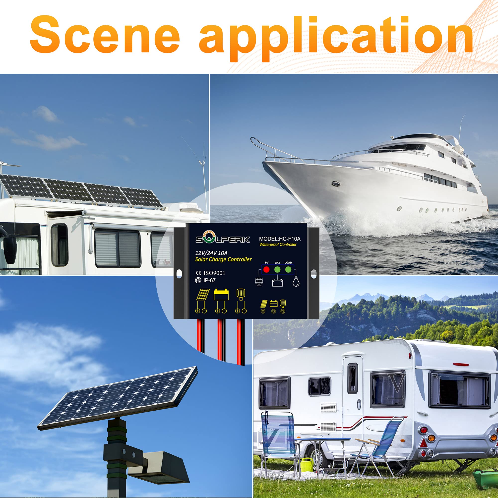 SOLPERK 10A Solar Charge Controller Waterproof Solar Panel Controller 12V/24V PWM Solar Panel Battery Intelligent Regulator for RV Boat car ，with LED Display