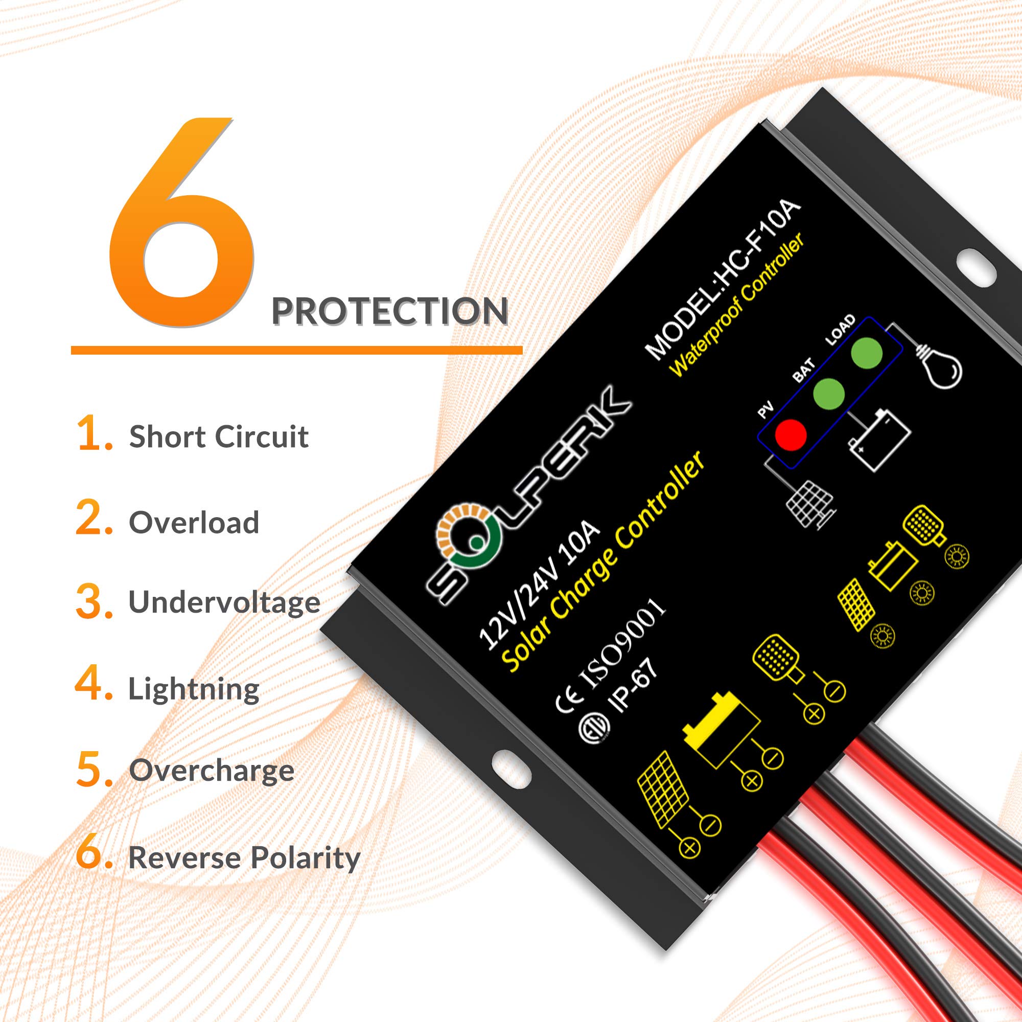 SOLPERK 10A Solar Charge Controller Waterproof Solar Panel Controller 12V/24V PWM Solar Panel Battery Intelligent Regulator for RV Boat car ，with LED Display