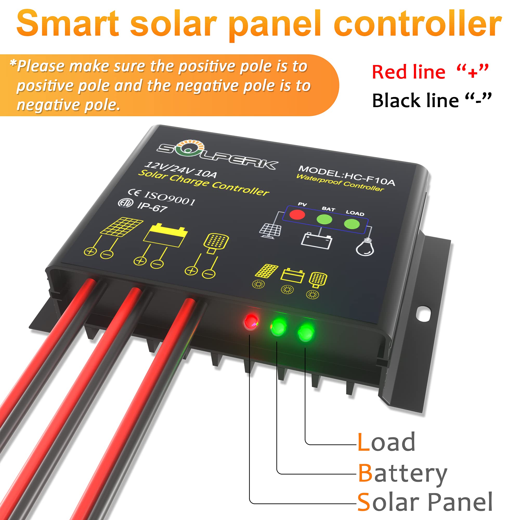 SOLPERK 10A Solar Charge Controller Waterproof Solar Panel Controller 12V/24V PWM Solar Panel Battery Intelligent Regulator for RV Boat car ，with LED Display