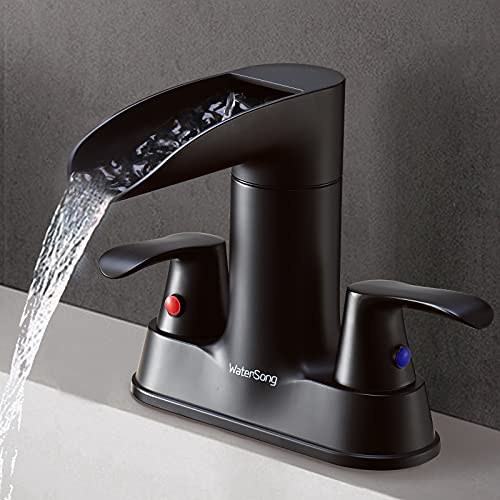 Black Waterfall Spout Bathroom Faucet, WaterSong 2-Handle Bathroom Sink Faucet with Pop Up Drain & Supply Lines, RV Lavatory Vessel Faucet 4 Inch Centerset Waterfall Bathroom Faucet, 2 or 3 Hole