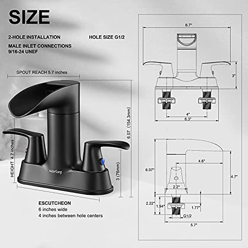 Black Waterfall Spout Bathroom Faucet, WaterSong 2-Handle Bathroom Sink Faucet with Pop Up Drain & Supply Lines, RV Lavatory Vessel Faucet 4 Inch Centerset Waterfall Bathroom Faucet, 2 or 3 Hole