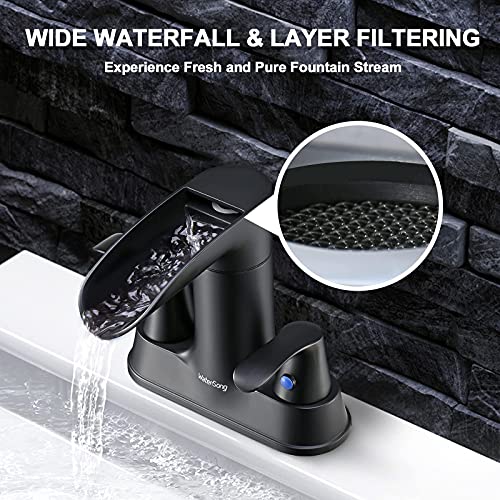 Black Waterfall Spout Bathroom Faucet, WaterSong 2-Handle Bathroom Sink Faucet with Pop Up Drain & Supply Lines, RV Lavatory Vessel Faucet 4 Inch Centerset Waterfall Bathroom Faucet, 2 or 3 Hole