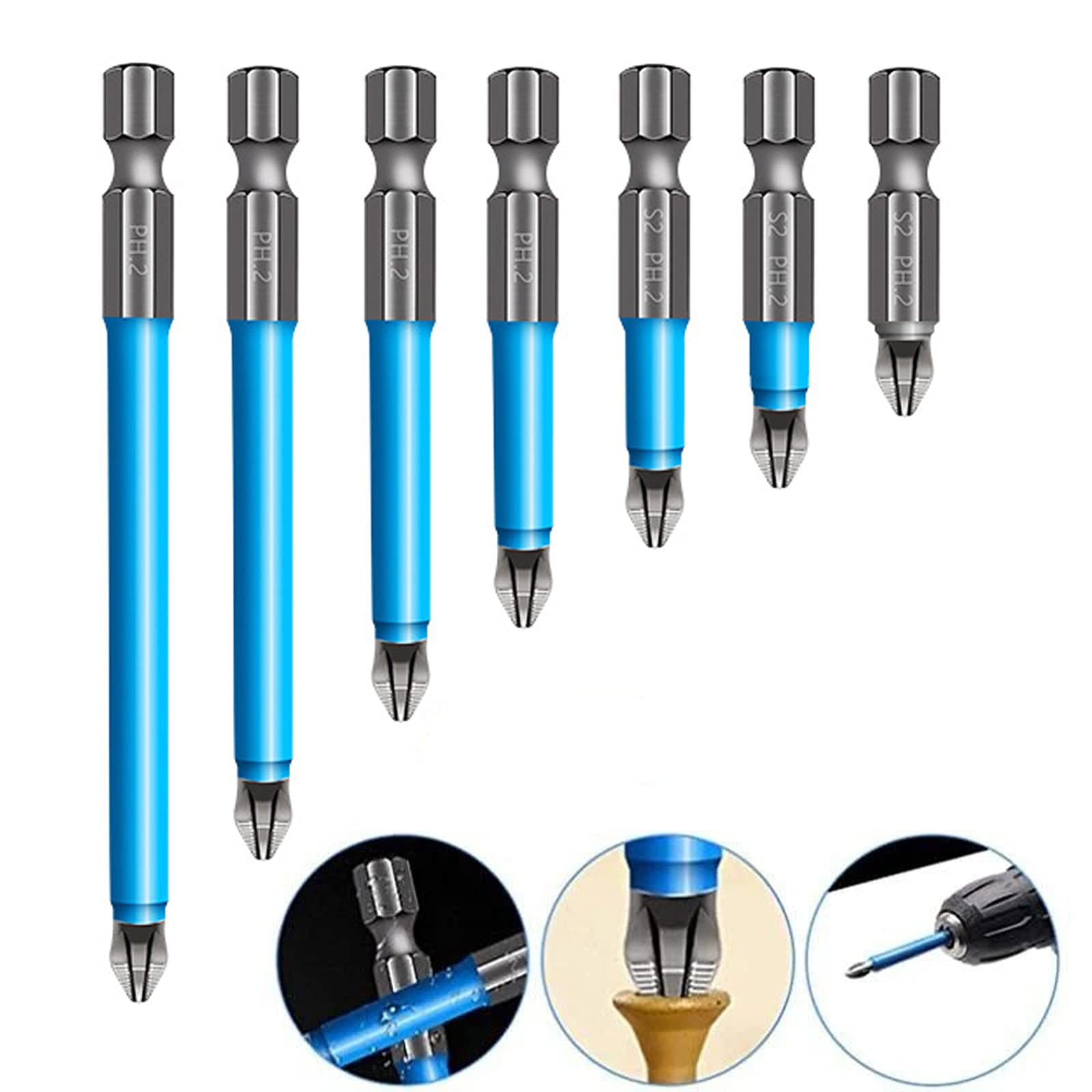 Magnetic Anti-slip Drill Bit, 7pcs Phillips Screwdriver Bit Set, S2 Alloy Steel Long Bits, 1/4 Hex Shank, Fine Tooth Design, Strong Magnetism, 25mm-150mm PH2