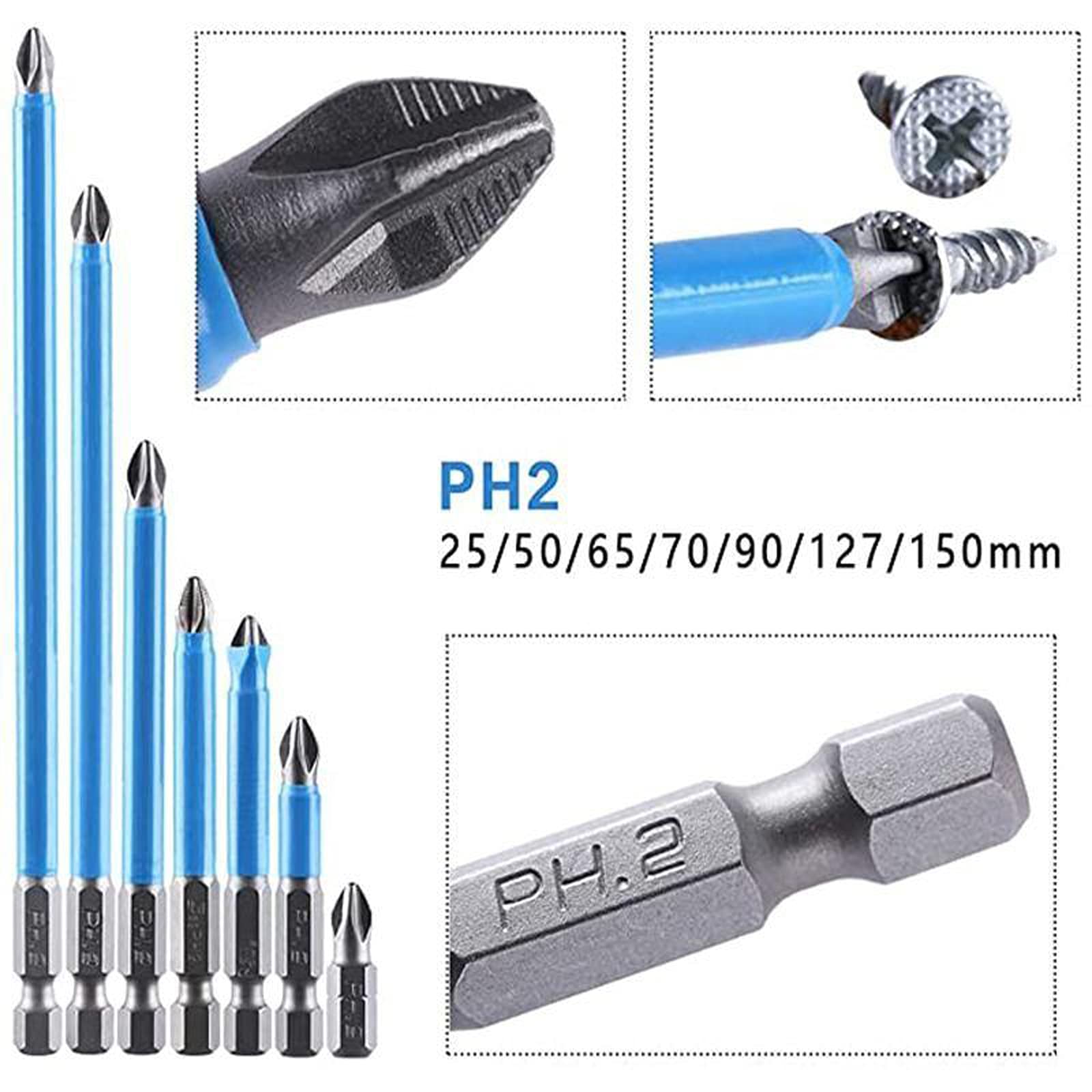 Magnetic Anti-slip Drill Bit, 7pcs Phillips Screwdriver Bit Set, S2 Alloy Steel Long Bits, 1/4 Hex Shank, Fine Tooth Design, Strong Magnetism, 25mm-150mm PH2