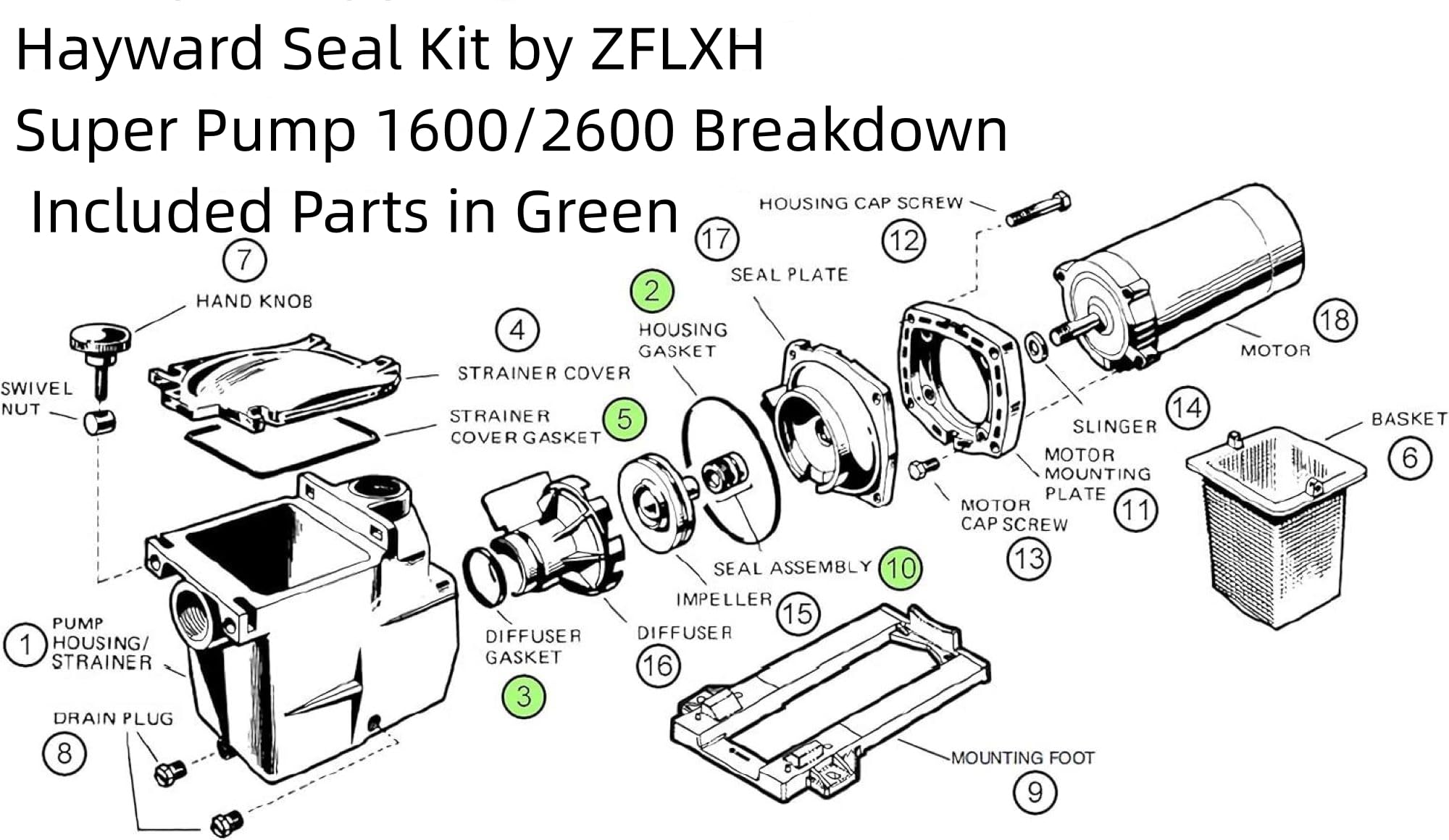 ZFLXH Super Pump Seal Replacement for Hayward Go Kit 3. All 3 Gaskets & Shaft Seal. Fits All SP1600, SP2600 in Regular, X, VSP Models. SPX1600TRA SP1600Z2 PS-201 SPX1600R SPX1600S SPX1600T Pool